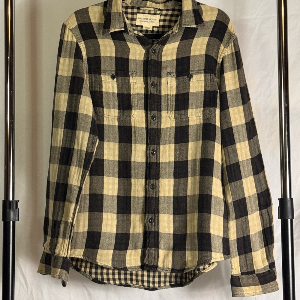 Black and Tan Plaid Button-Up Shirt